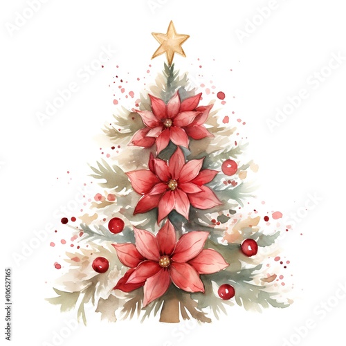 Watercolor Christmas tree with poinsettia and berries. Hand painted illustration isolated on white background