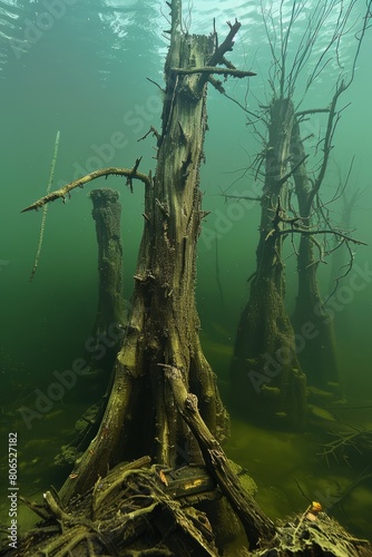 Encounter the remnants of a long-forgotten forest as you explore the depths of a submerged wilderness, where sunken trees stand, Generative AI photo