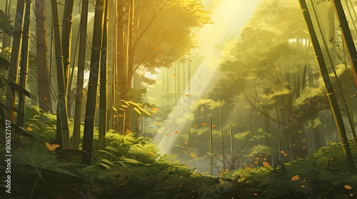 Forest panorama with sun rays shining through tree trunks and foliage