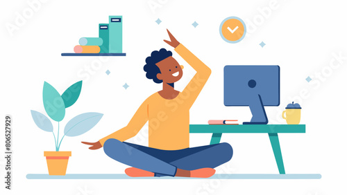 A person sits at their desk taking frequent breaks to do simple stretches and breathing exercises. These small acts may not seem like much but they.