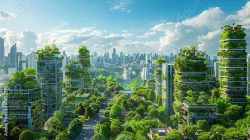 A futuristic vision of a sustainable city powered by renewable energy  with green buildings and efficient transportation