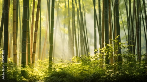 Panoramic view of a bamboo forest in a morning fog.