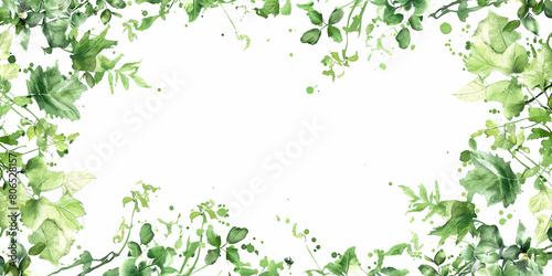 a frame made of light green leaves and vines, with watercolor splashes on the edges, generative AI