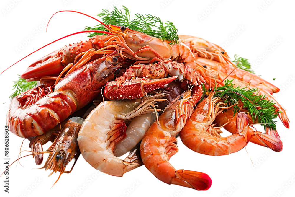 A horizontal view of pile of raw seafoods isolated on a plain background or PNG for food type poster or graphic use, Generative AI.
