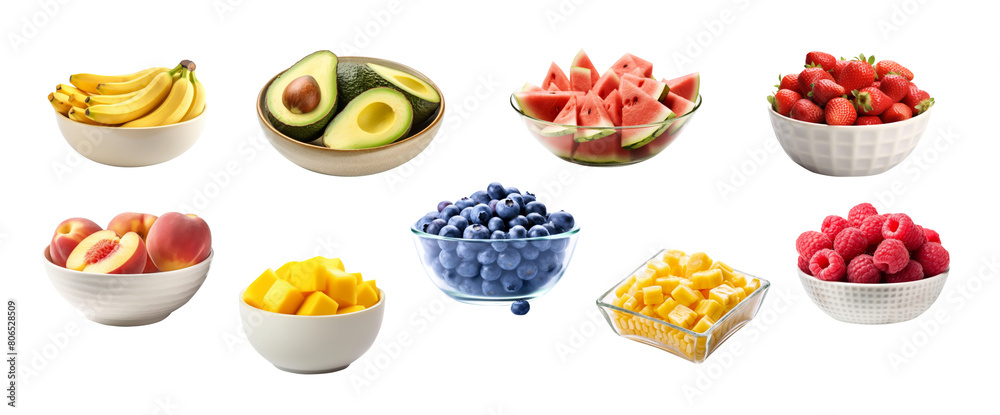 Set of fresh ripe fruits in bowl isolated on transparent background,with mango,blueberry,strawberry,watermelon,sweet corn,avocado,banana,peach and raspberry for healthy food concept.