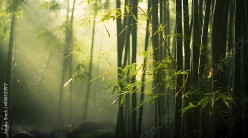 Panoramic view of a beautiful green bamboo forest in the morning