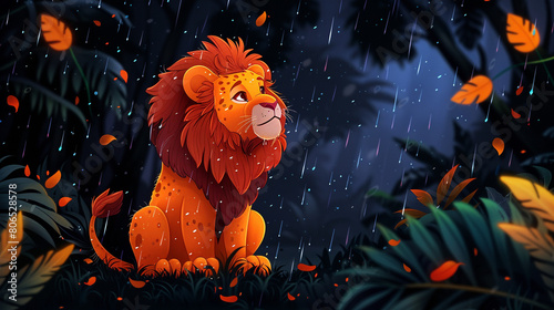 illustration of a lion in the rain flat style