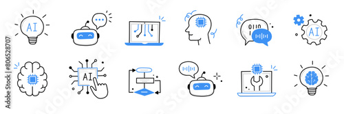 Artificial ai brain icon. Ai machine digital robot hand drawn doodle line icon. Artificial brain algorithm machine science concept. Hand drawn sketch style cute blue line. Vector illustration