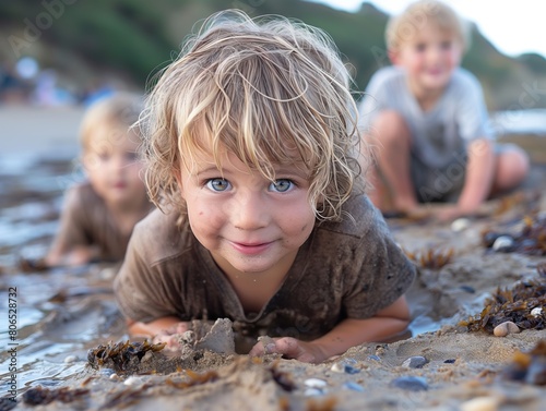 Crianças brincando animadamente na praia, marcando o início das férias de verão, transmitindo alegria e diversão sob o sol photo
