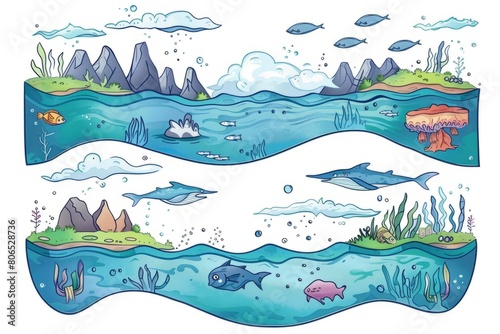 Cartoon cute doodles of mirror world oceans with floating islands and underwater mountains, inhabited by merbirds and seafish, Generative AI photo