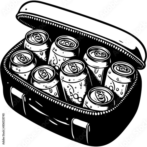 Portable cooler bag with cold drinks in aluminum cans in monochrome. Zipper refrigerator bag. Simple minimalistic vector in black ink drawing on transparent background