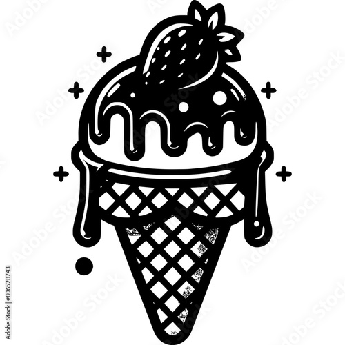 Waffle cone with scoop of strawberry ice cream dipped in chocolate in monochrome. Ice cream frozen dessert. Simple minimalistic vector in black ink drawing on transparent background
