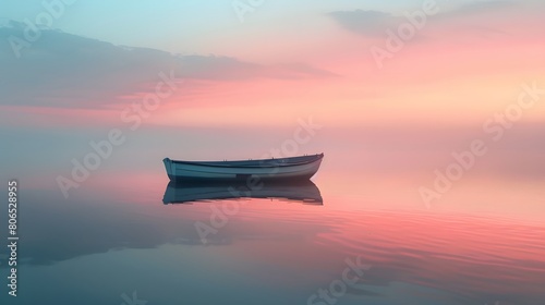 A boat floating on calm waters at dawn, reflecting the pastel sky in its reflection. The scene is peaceful and serene