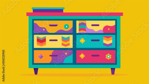 A once dull and lifeless dresser now vibrant and refreshed with a colorful new paint job and handpainted designs.. Vector illustration