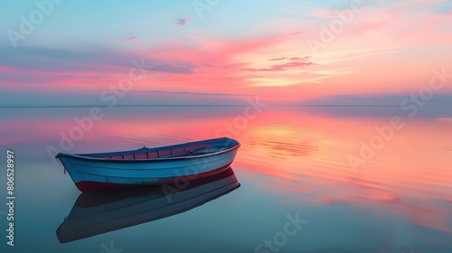 A boat floating on calm waters at dawn  reflecting the pastel sky in its reflection. The scene is peaceful and serene