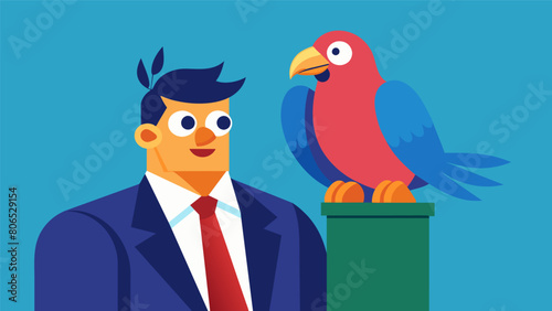 A parrot sitting on a politicians shoulder mimicking their exaggerated rhetoric for the sake of manipulation..