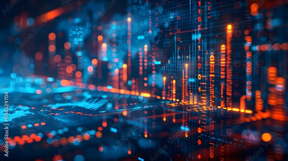 Fototapeta premium A digital stock market graph with data points and charts, representing the concept of financial innovation in trading on virtual exchange platforms.