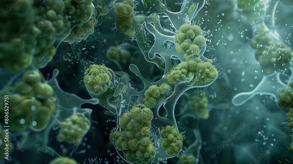 The study of alien bacteria. Close-up of a collection of various extraterrestrial bacteria and microbes under a microscope The study of alien bacteria. Close-up of a collection of various extraterrestrial bacteria and microbes under a microscope