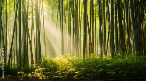 Bamboo forest in morning sunlight. Panoramic view of Bamboo forest. Bamboo grove with sunbeams