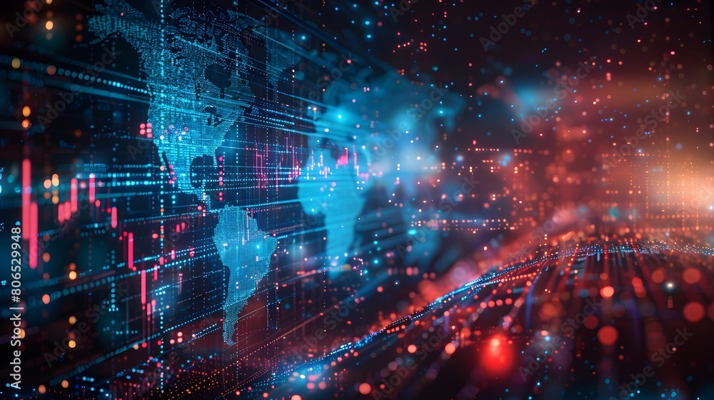 A digital stock market graph with data points and charts, representing the concept of financial innovation in trading on virtual exchange platforms.