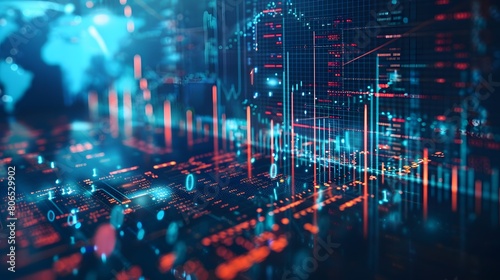 A digital stock market graph with data points and charts, representing the concept of financial innovation in trading on virtual exchange platforms.