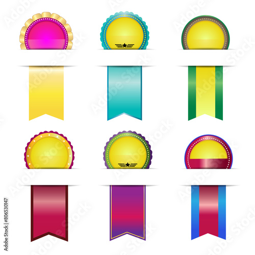 Set of shiny colorful award ribbons and badges