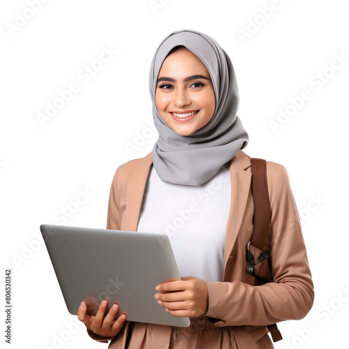 Smiling young middle east businesswoman in hijab holding laptop, isolated on transparent background