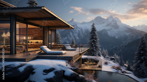 Mountain cabin exterior with a wraparound deck, hot tub, and a view of snow-capped peaks, photo