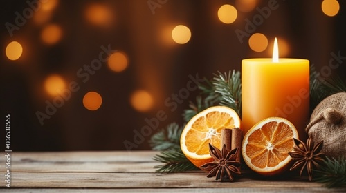  A beautifully crafted candle with orange slices and anise stars on the side, set against a warm wooden table background