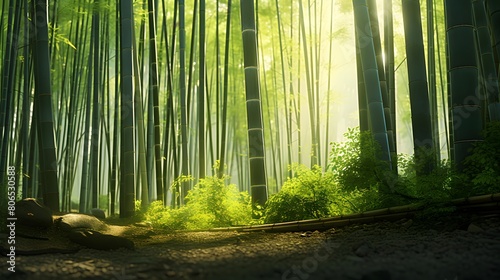 Bamboo forest in the morning light. Panoramic view.