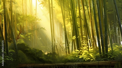 Bamboo forest in the morning sunlight. Panoramic image.