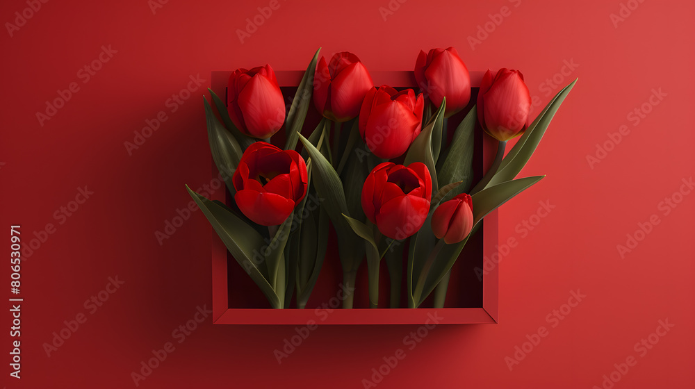 Fototapeta premium Vibrant Red Tulips Elegantly Presented in a Red Box