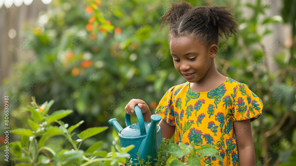 stock photo a 9 years old girl watering a flower. stock photo a 9 years old girl watering a flower.