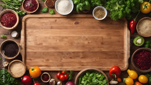 Organic vegetarian ingredients and kitchen tools. Healthy, clean food and eating concept. Top view. Copy space. Ingredients for cooking on wooden table. Vegan diet concept with copyspace