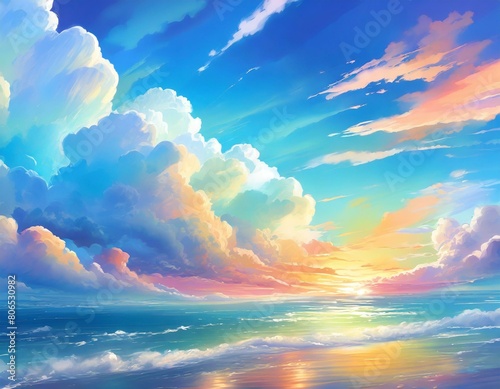 幸運と癒しの彩雲の見える朝日の海辺風景いたスト壁紙