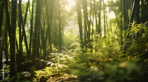 Panoramic view of green bamboo forest in the morning. Bamboo forest with sunlight.