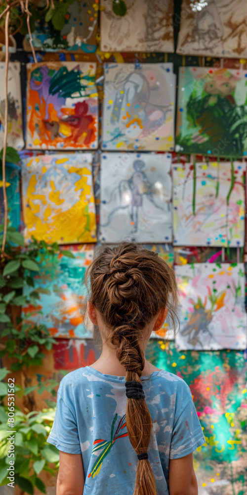 Fototapeta premium A child girl looking at abstract colorful artwork, hand painted, childhood daycare nursery illustration photo, ECE, imagination and learning, education, growth. Background with space for text