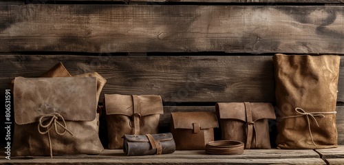 A rustic, barn wood studio background, offering a textured and warm backdrop for a series of handcrafted, leather goods, the natural materials complementing each other in this artisanal display. 