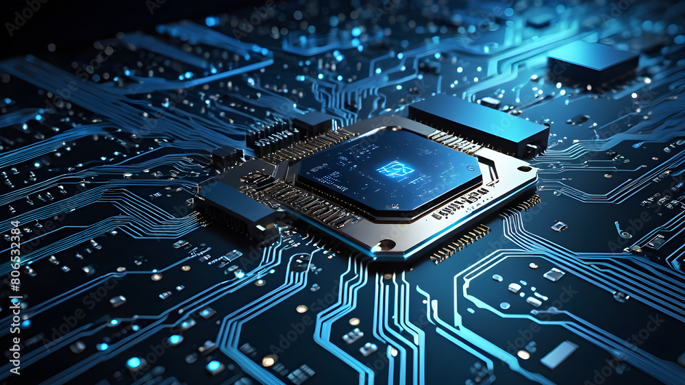 Quantum computer technologies concept. Futuristic blue circuit board ...