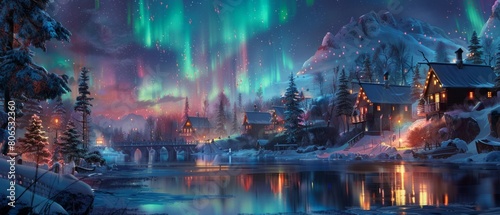 Aurora village A village where the aurora borealis is always visible, its colors reflecting in the life and culture of its peopl, AI Generative photo