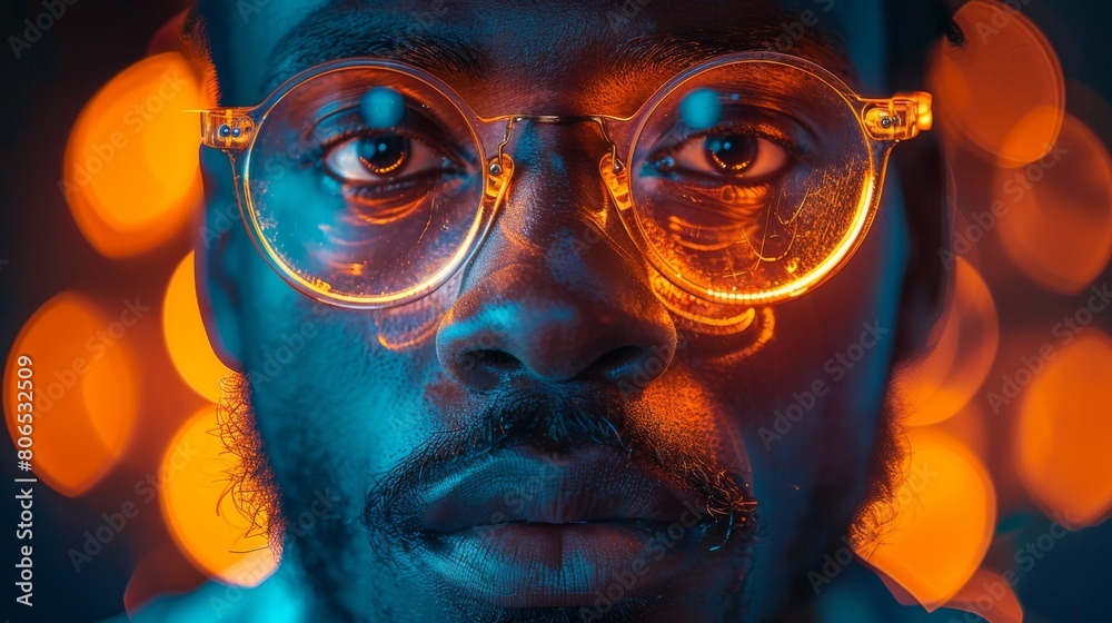 Futuristic Portrait of a Man with City Lights Reflection in Glasses