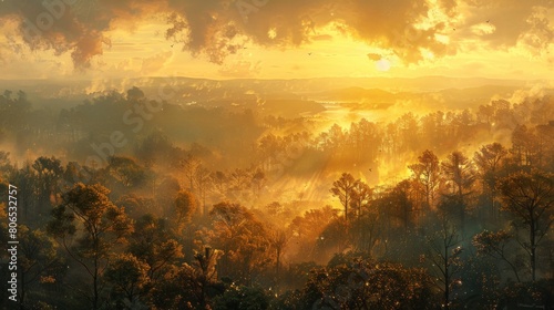 dense rainforest panorama  diverse vegetation  distant mountain panorama  surrealism  peaceful  AI Generative