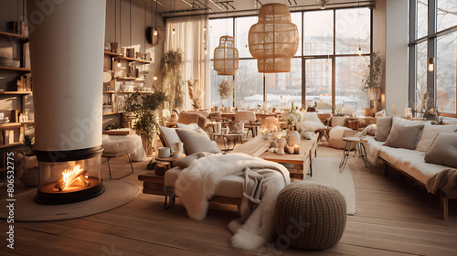 Nordic-inspired caf?(C) with cozy knit blankets, candles, and a minimalist, warm design,
