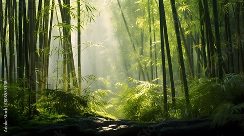 Panoramic view of a green forest with sunlight passing through the trees