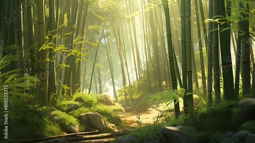 Panoramic view of a forest in the morning with sunbeams