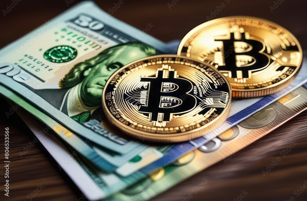 Bitcoin lying on top of a pile of dollar euro banknotes. Exchange US dollars for bitcoin. Cryptocurrency on dollar bills. Digital method of payment. Concept of virtual money. a Bitcoin coin is on top Bitcoin lying on top of a pile of dollar euro banknotes. Exchange US dollars for bitcoin. Cryptocurrency on dollar bills. Digital method of payment. Concept of virtual money. a Bitcoin coin is on top