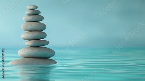 A perfectly balanced stack of smooth  river stones  set against a solid  tranquil aqua studio background  evoking a sense of balance  peace  and the simple beauty of nature.