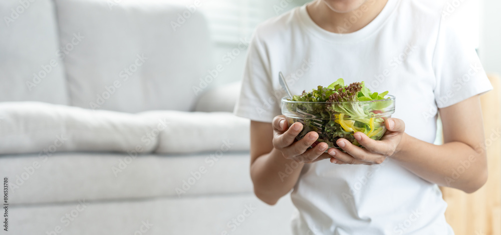 Diet and dieting, enjoy eat. Healthy woman hold salad food and feeling happy. Beauty slim female body achieves weight loss goal for healthy life, crazy about thinness, thin waist, nutritionist.