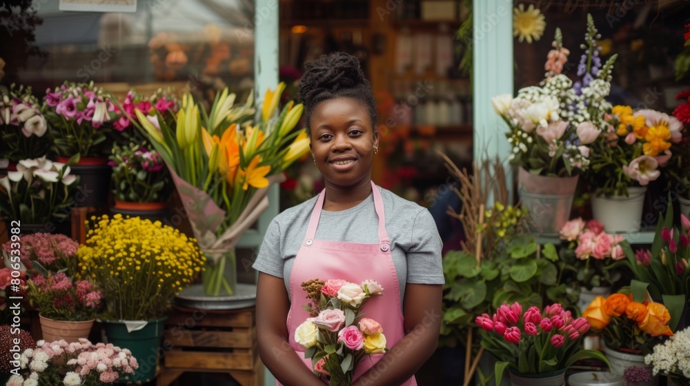 Portrait of a happy woman standing in front of a flower shop with a display of flowers and plants with a bouquet of flowers in his hands. Successful small business owner in casual, AI Generative
