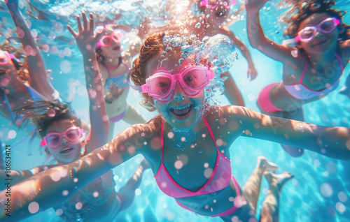 A group of children wearing pink goggles and swimming suits were playing in the pool underwater with their arms outstretched
